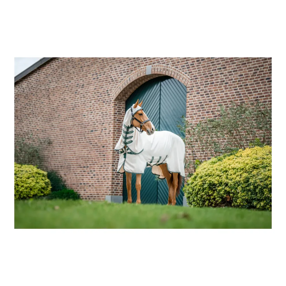 Horseware Fliegendecke Rambo Hoody, mit UV-Schutz - Chalk / Hunter Green & Silver -  Grösse: 125 cm