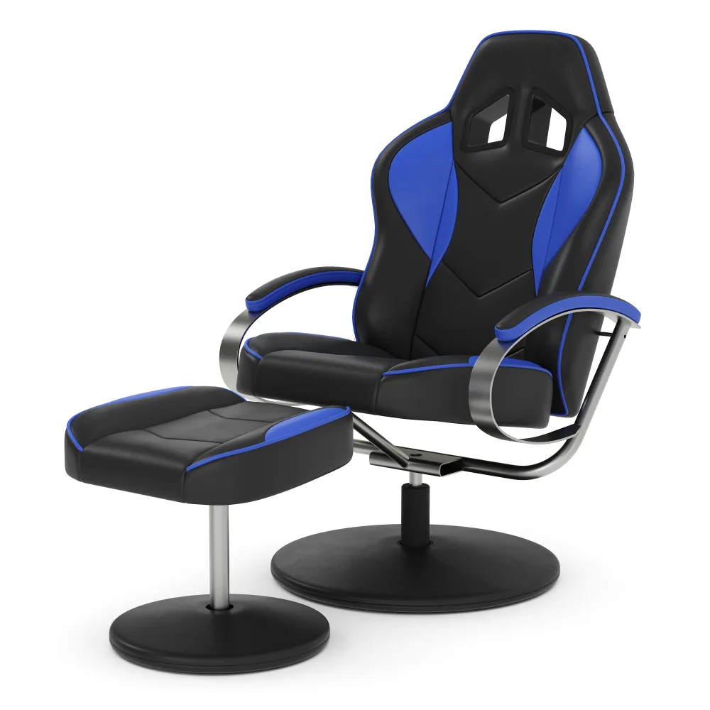 Fernsehsessel Leder mit Fusshocker blau/schwarz