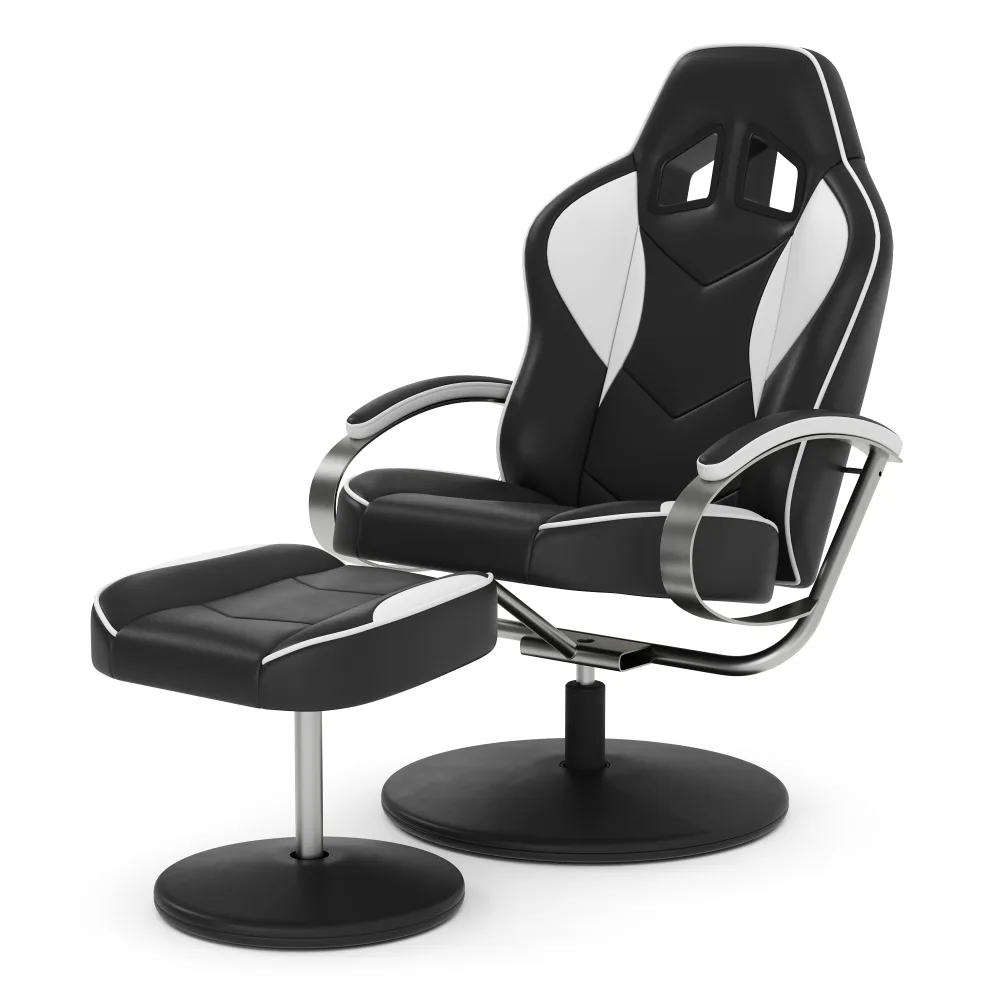 Fernsehsessel Leder mit Fusshocker weiss/schwarz