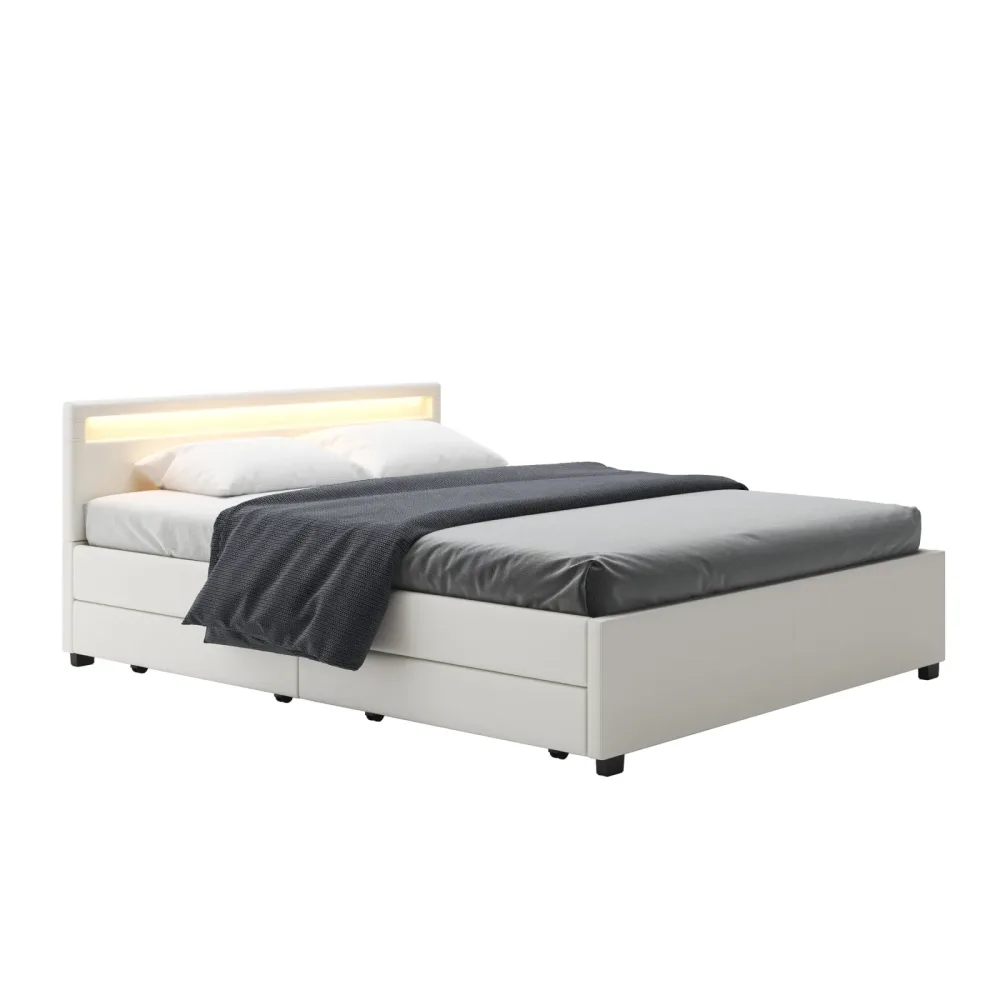 Lederbett LED TRANCE 160 x 200 cm weiss