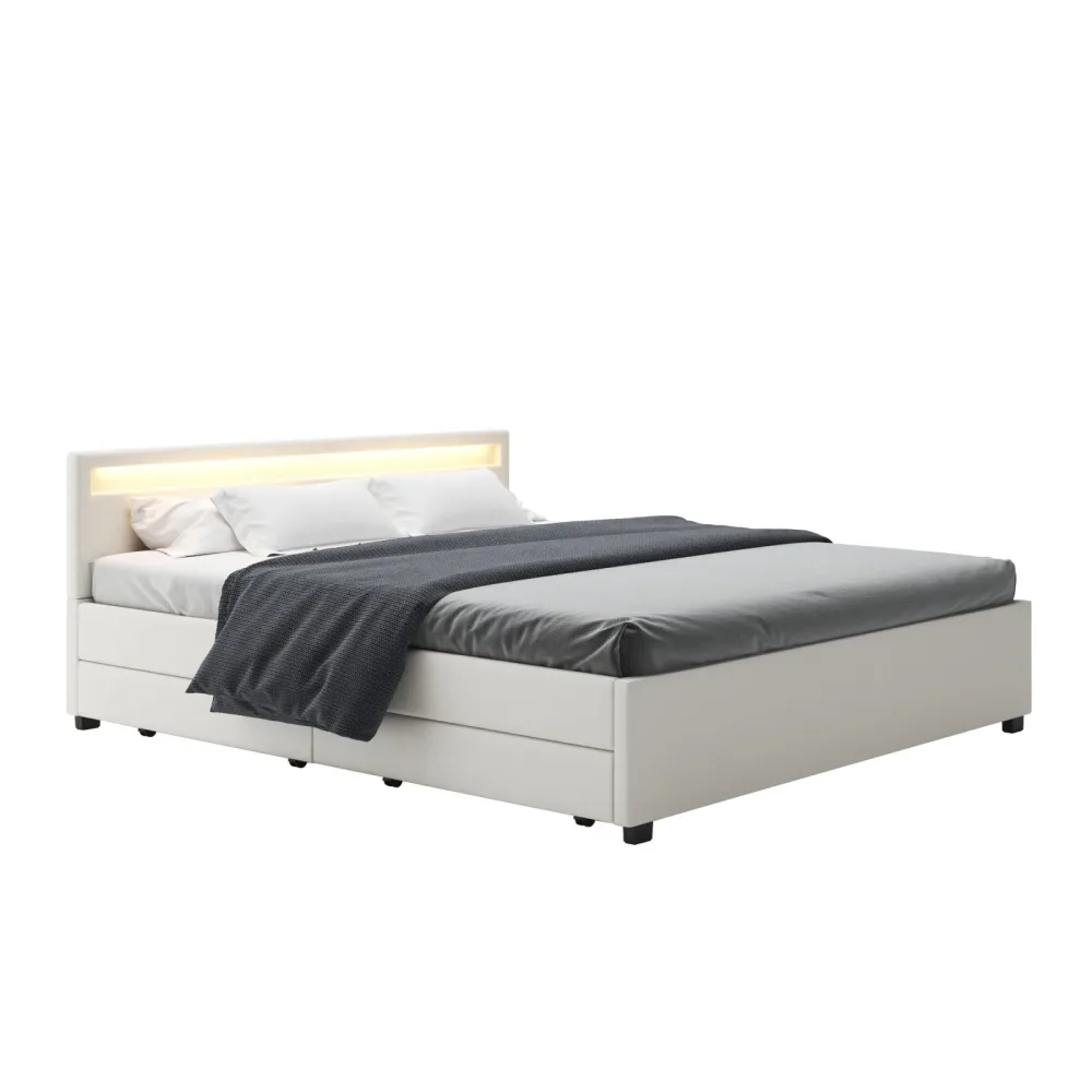 Lederbett LED TRANCE 180 x 200 cm weiss