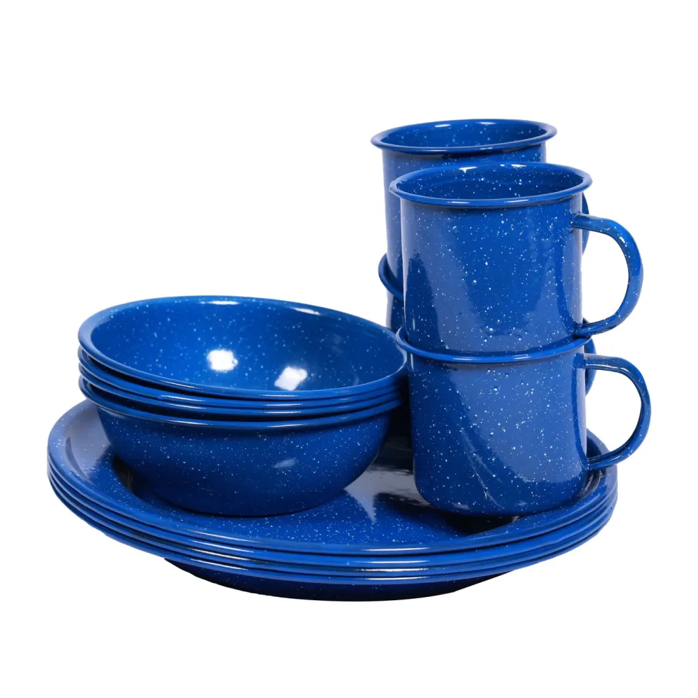 Camping Geschirr Emaille 12-teilig blau