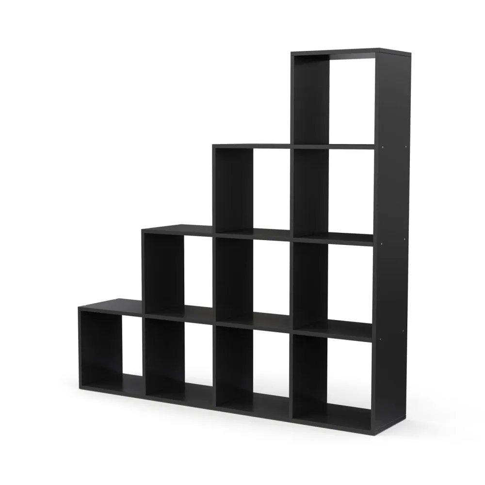 Treppenregal Raumteiler OMAR 10 Fächer 142 x 142 cm schwarz