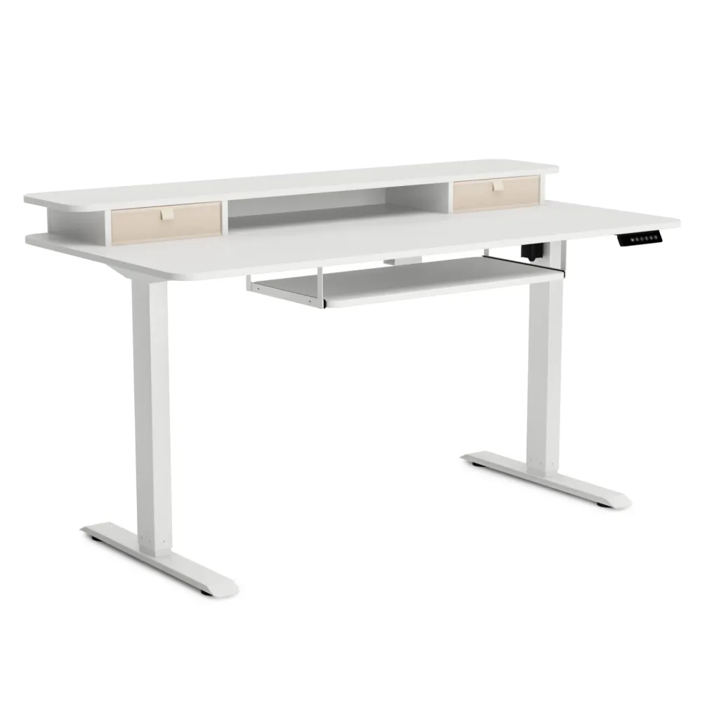 Stehpult elektrisch mit Ablage + Tastaturfach weiss 140 x 70 cm