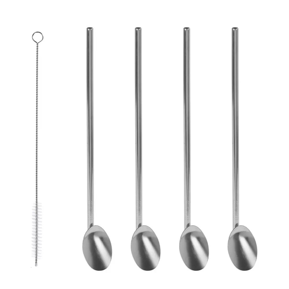 Strohhalm mit Löffel Set Edelstahl 5-teilig