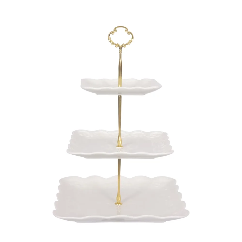 Etagere Keramik 3-stöckig weiss/gold