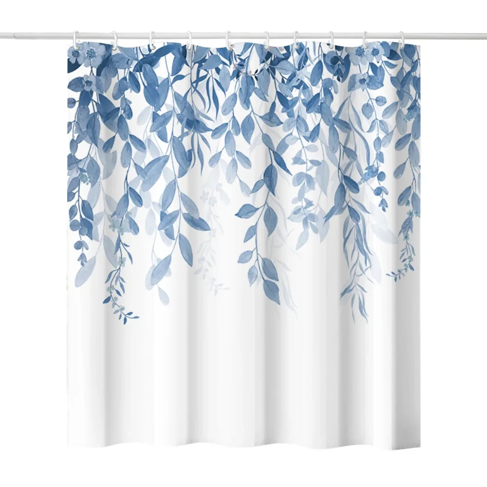 Duschvorhang 180 x 210 cm Blätter weiss/blau