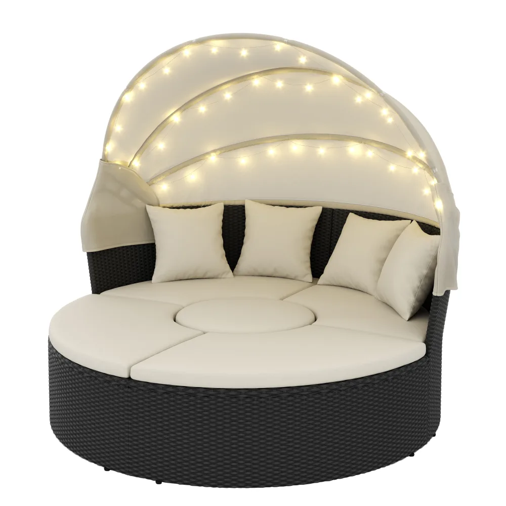 Rattan Sonneninsel mit LED PULA schwarz/beige