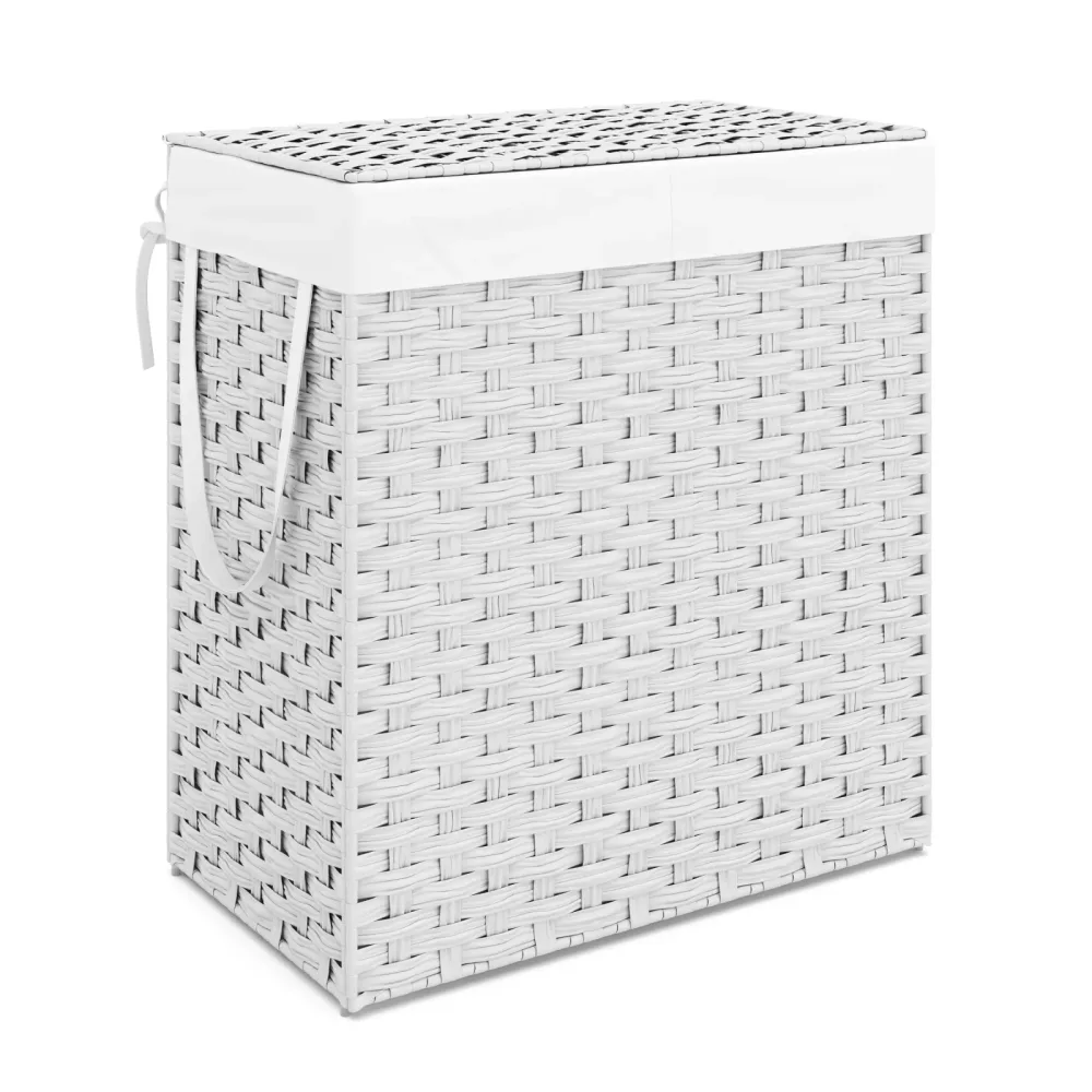 Wäschekorb Rattan mit Deckel 2 Fächer 110L weiss