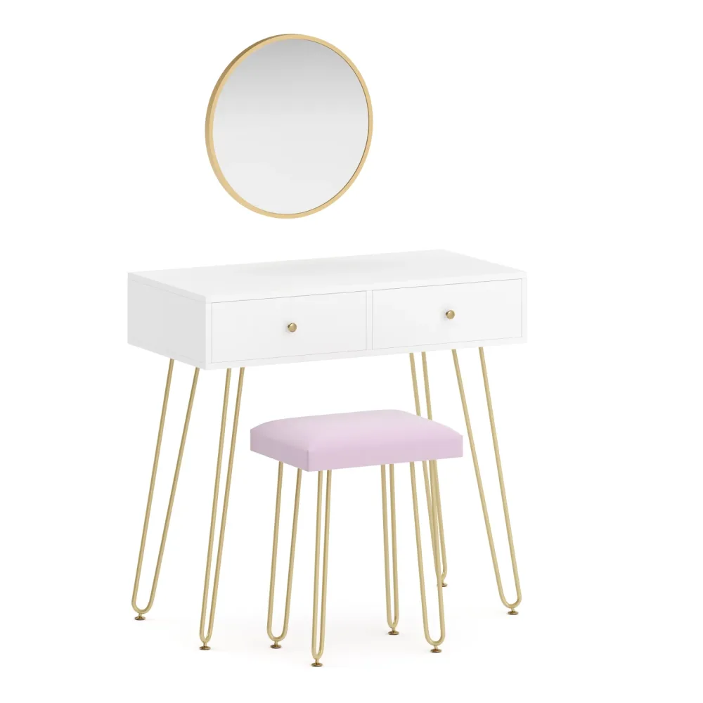 Schminktisch mit Hocker und Spiegel APHRODITE 80 x 40 cm weiss/gold/rosa