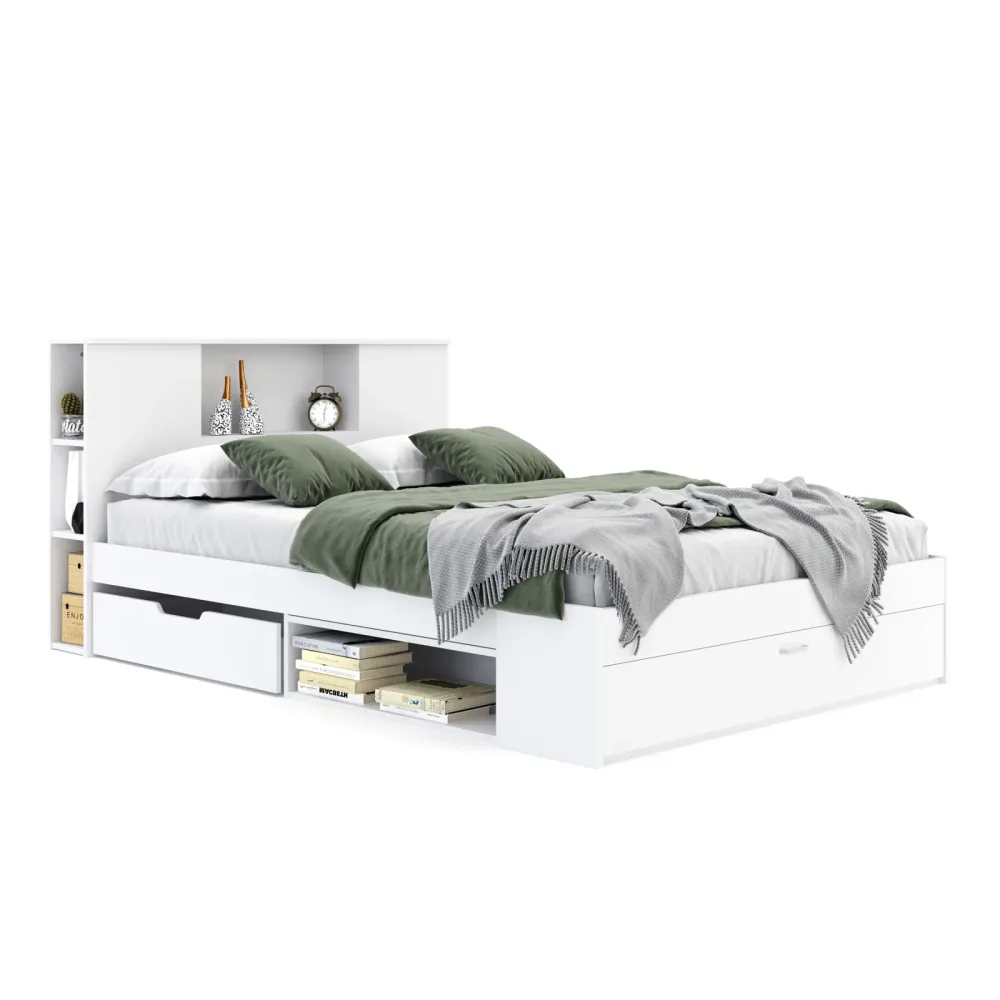 Bett Holz MADELYN mit Stauraum und Schublade 140 x 200 cm weiss