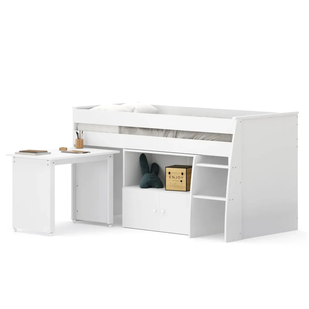Hochbett Holz STANLEY mit Schreibtisch und Kommode 90 x 200 cm weiss