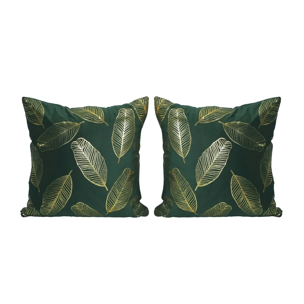 Kissenbezug Samt LEAVES 2er Set 45 x 45 cm dunkelgrün/gold