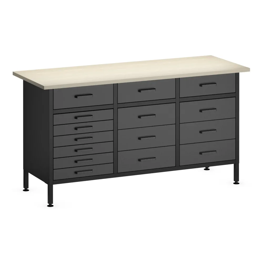 Werkbank MAKSIMUS 15 Schubladen 160 x 60 cm anthrazit/schwarz/natur