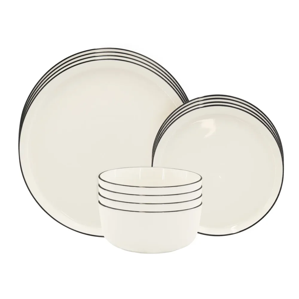Geschirr-Set Porzellan 12-teilig cremeweiss/schwarz
