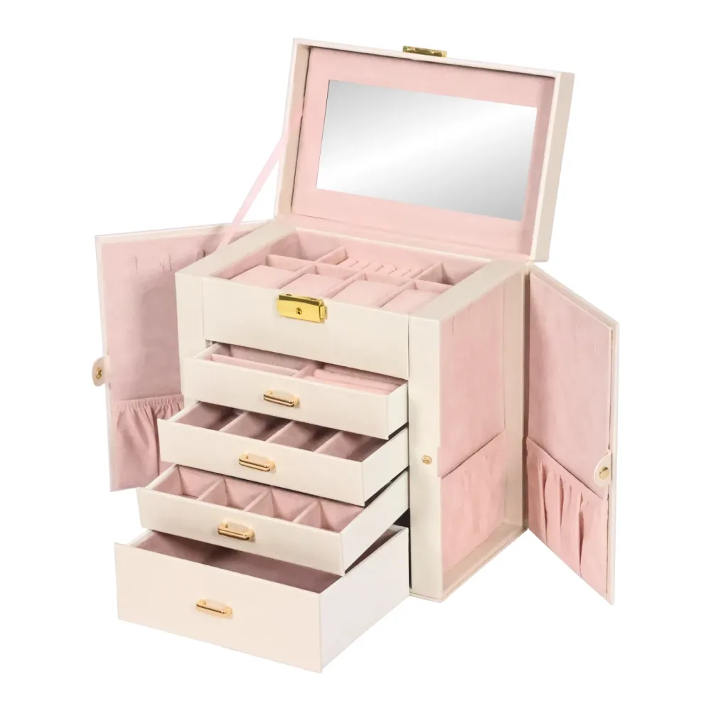 Schmuckkästchen abschliessbar 4 Schubladen beige/rosa