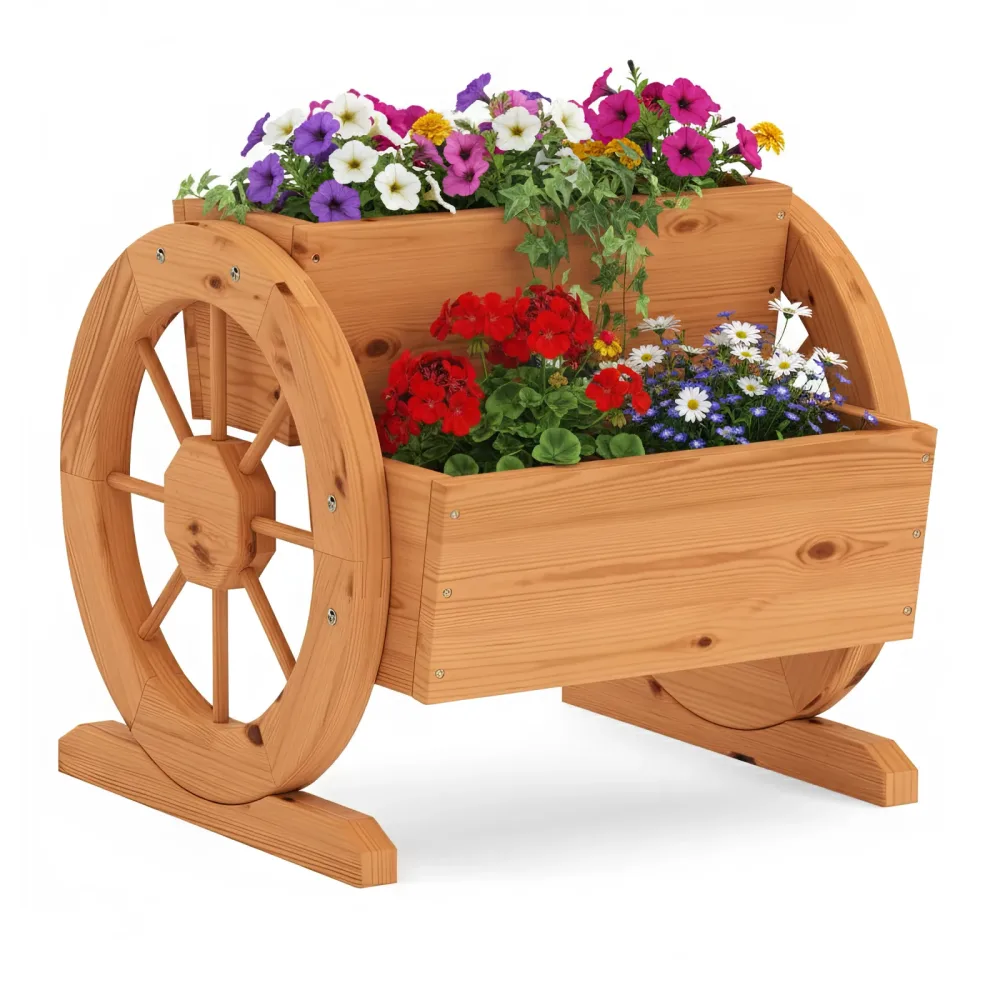 Blumenkasten mit Wagenrad braun