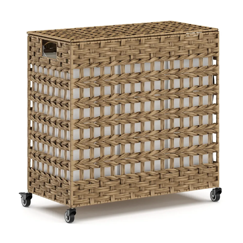 Wäschekorb Rattan mit Deckel 3 Fächer 140L braun