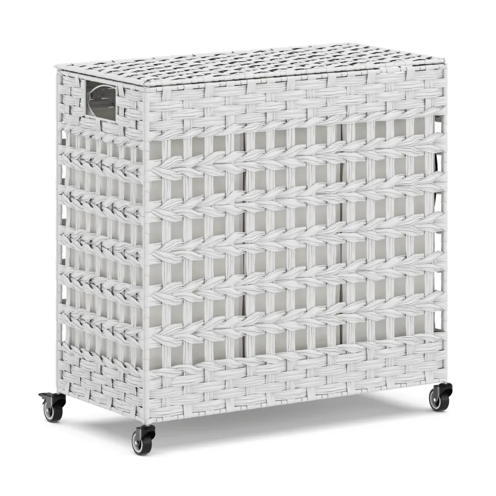 Wäschekorb Rattan mit Deckel 3 Fächer 140L weiss
