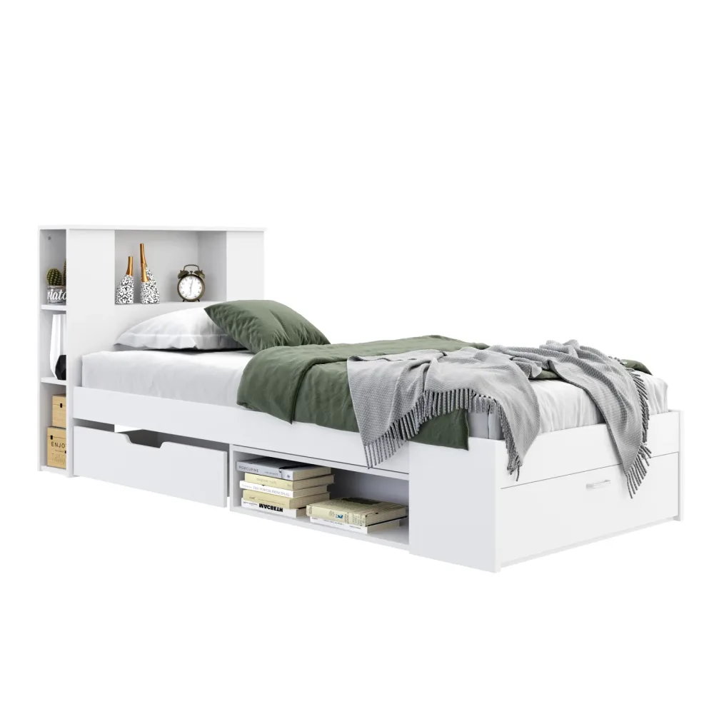 Bett Holz MADELYN mit Stauraum und Schublade 90 x 200 cm weiss