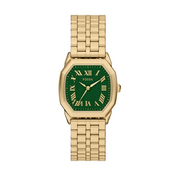 Fossil Damen Uhr ES5451 – Elegante goldene Armbanduhr mit grünem Zifferblatt und römischen Ziffern