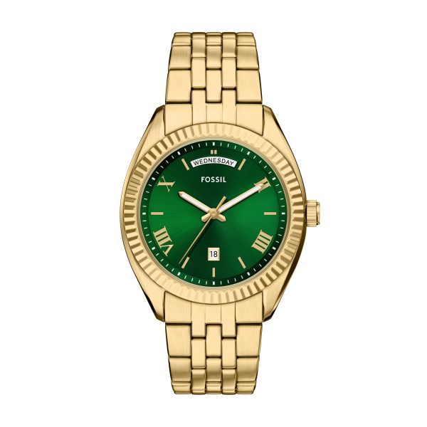 Fossil Herren Uhr FS6142 – Goldene Eleganz mit grünem Zifferblatt und präzisem Quarzwerk