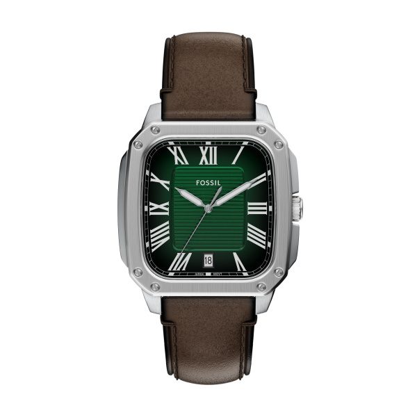 Fossil Herren Uhr FS6150 – Stilvolle Armbanduhr mit grünem Zifferblatt und braunem Lederarmband