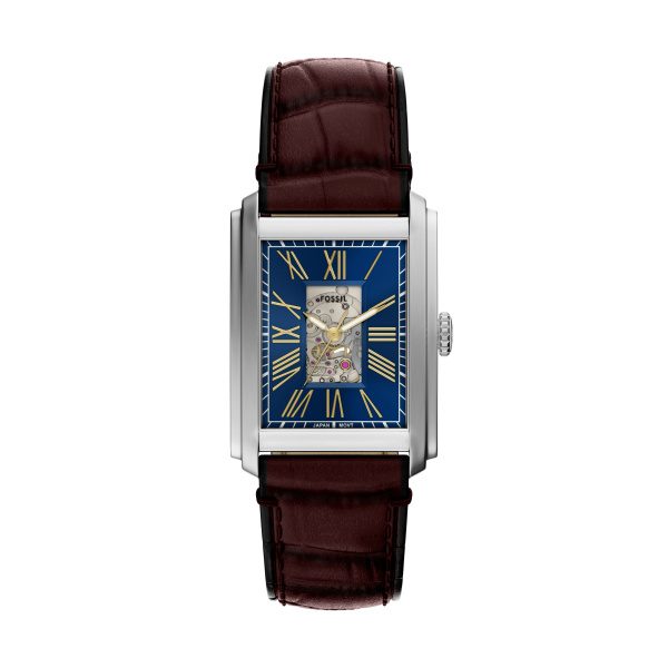 Fossil Herren Uhr ME3273 – Stilvolle Automatik mit blauem Zifferblatt und braunem Lederarmband