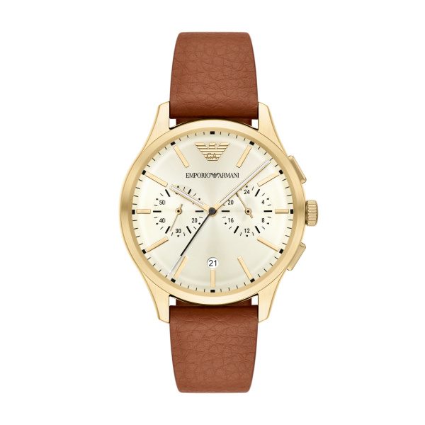 Emporio Armani AR11714 Herrenuhr – Eleganz in Gold mit braunem Lederarmband