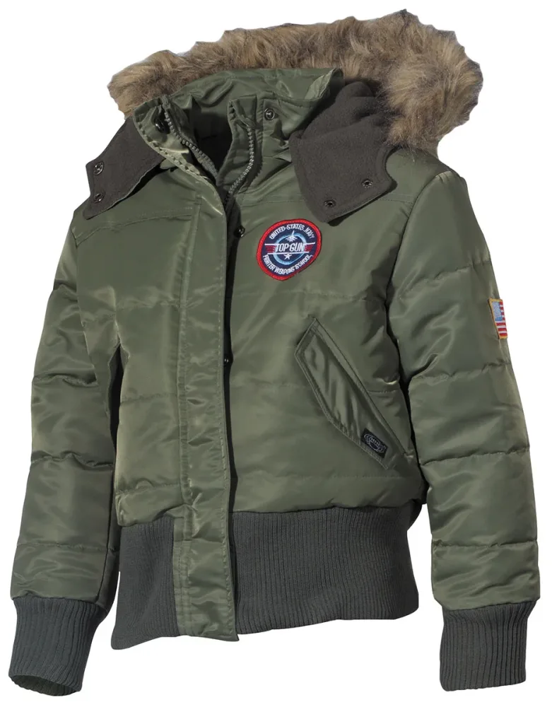 US Kinder-Polarjacke, N2B, oliv, Kapuze mit Fellkragen