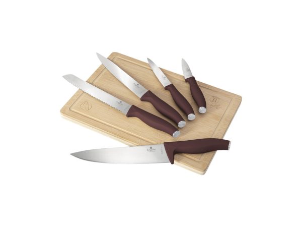 Berlinger Haus - Messerset 6-teiliges mit Bambus Schneidebrett matt bordeaux Leonardo Collection, One Size