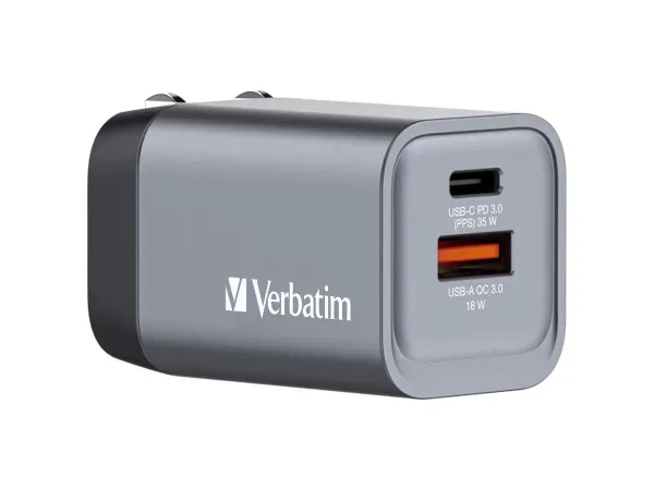 Verbatim GNC-35 GaN Reiseladeadapter 35 W 1x USB-A, 1x USB-C® USB PD, USB PD 3.0, QC 3.0 Grau GaN, mit Europa-Adapter,