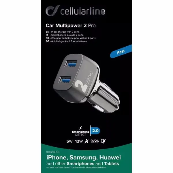Cellularline Car Multipower 2 Pro Auto Ladegerät – USB C Kabel/Adapter/Ladegerät – schwarz