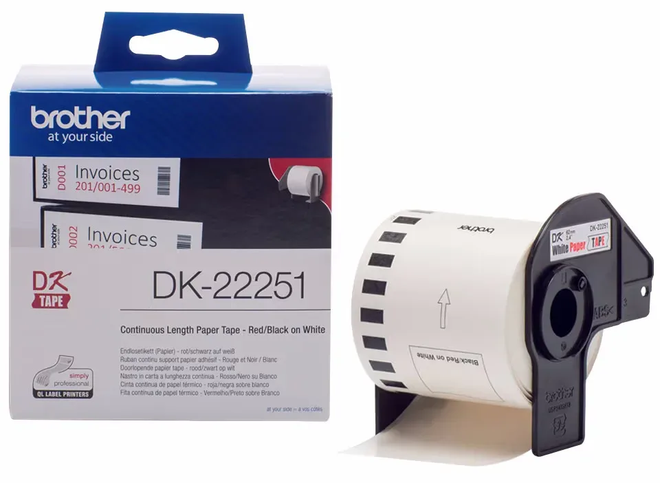 Brother DK-22251 kontinuierliche Länge Papierrollenetiketten Selbstklebend Schwarz/Rot Druck auf Weiß 62 mm x 15,24m