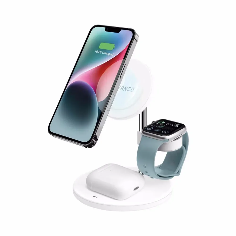 Vivanco 3 in 1 wireless chargers stand Kabellose 3-in-1-Ladestation – USB C Kabel/Adapter/Ladegerät – weiss