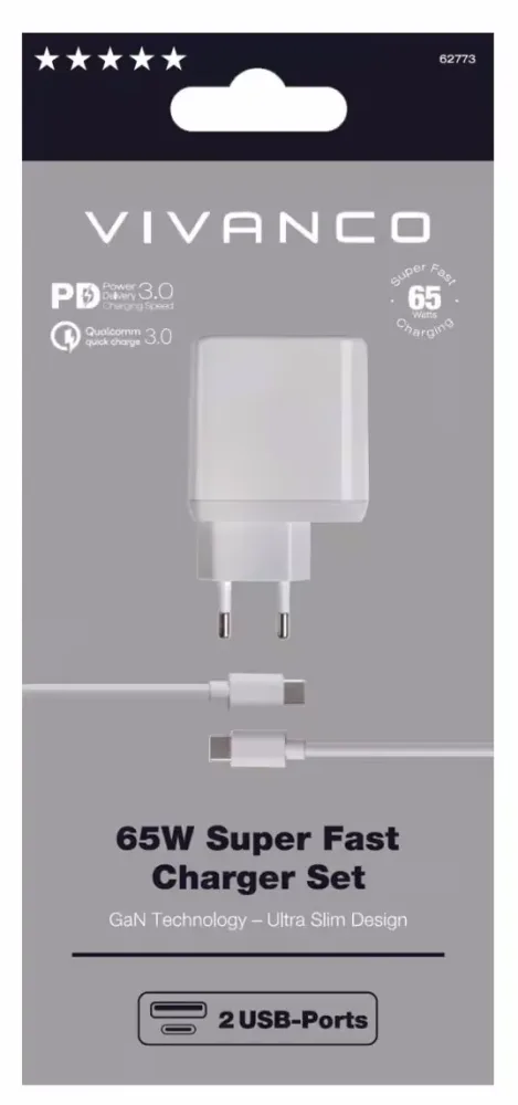 Vivanco SuperFast Charger 2Ports 65W Homecharger, 65W, with GaN Technology, dual USB port, white – USB C Kabel/Adapter/Ladegerät
