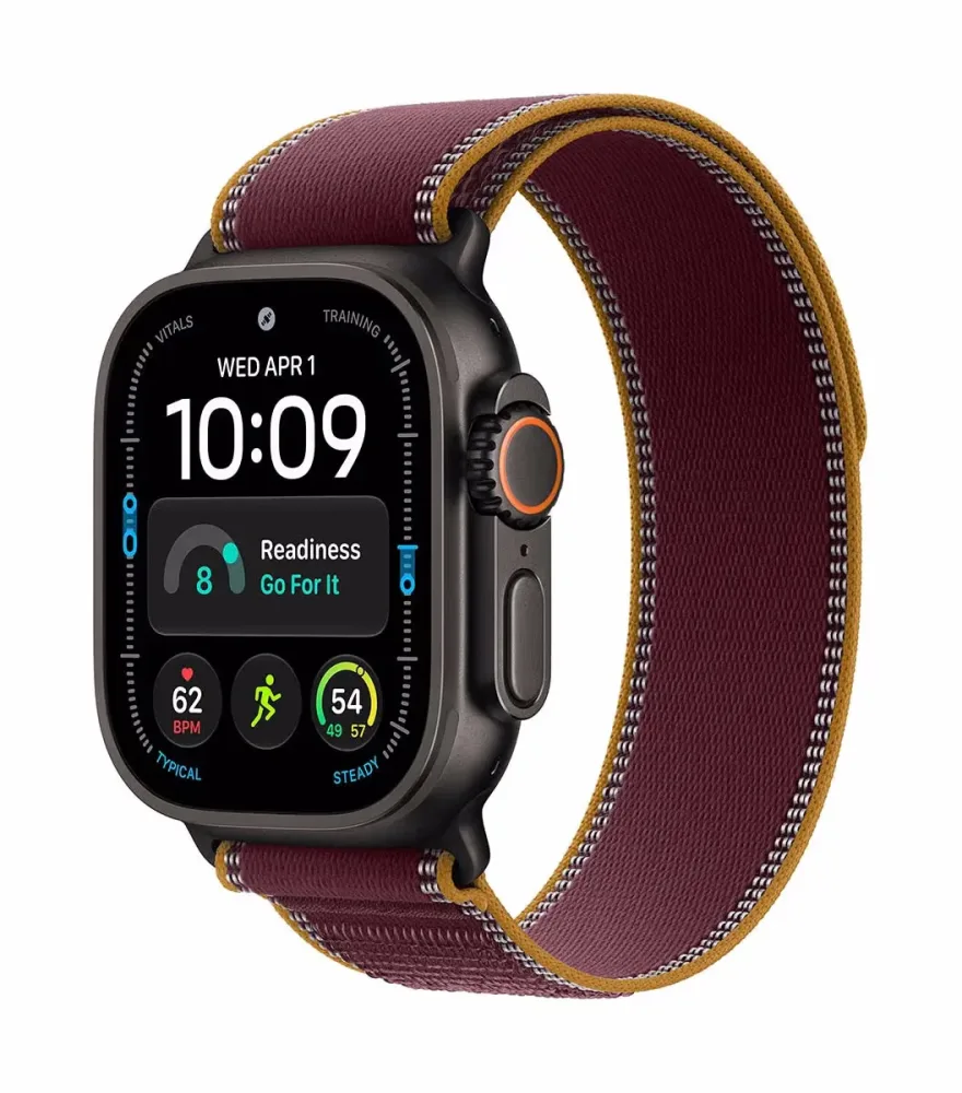 APPLE Watch Ultra 4 (GPS + Cellular) 49 mm Smartwatch Titan, Klasse 5, 145 - 220 (M/L), Black Titanium Case/Burgundy Trail Loop