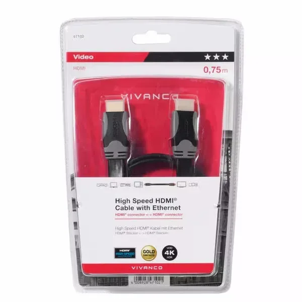Vivanco High Speed HDMi Kabel mit Ethernet, 0.75m, schwarz – Video Kabel/HDMI Kabel