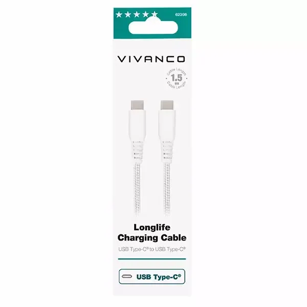 Vivanco USB-C - USB-C 1.5m Weiss Longlife USB-C Kable, white, 1.5m – USB C Kabel/Adapter/Ladegerät