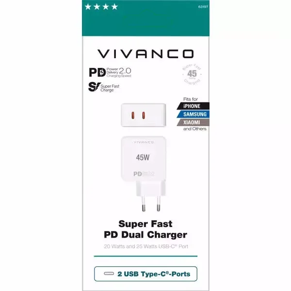 Vivanco SuperFast Charger 2Port 45W Universelles, ultraschnelles PD DUAL USB-Ladegerät, 45W – USB C Kabel/Adapter/Ladegerät