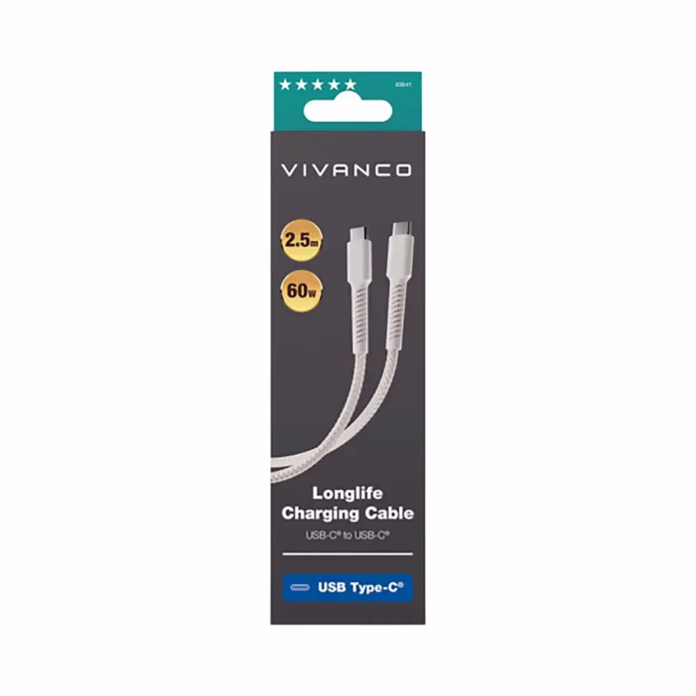 Vivanco USB-C - USB-C 2.5m Weiss Longlife Sync & Charging Kabel – USB C Kabel/Adapter/Ladegerät
