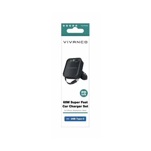 Vivanco Retractable car charger 65W Ladegerät – USB C Kabel/Adapter/Ladegerät – schwarz