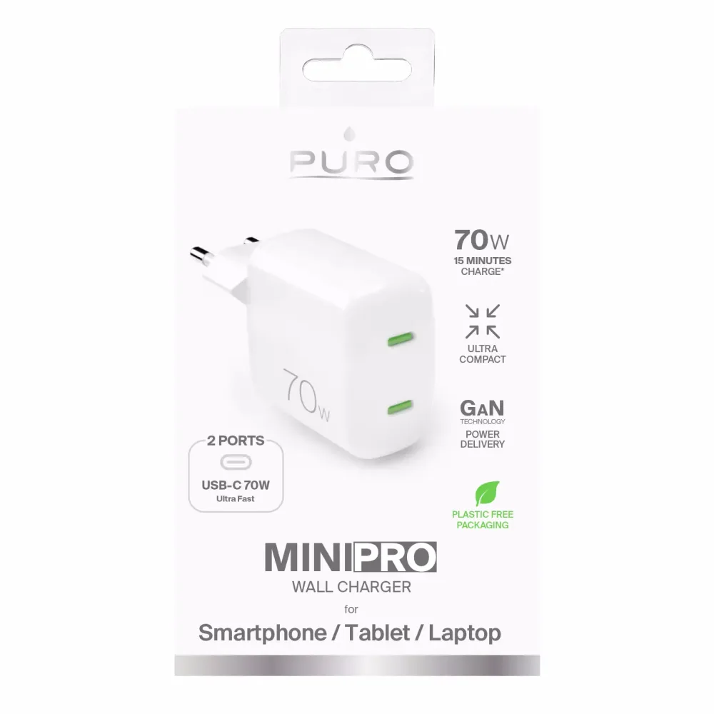 Puro GaN Wall Charger with 2 USB-C ports, 70W, white Multipower Charger – USB C Kabel/Adapter/Ladegerät – weiss