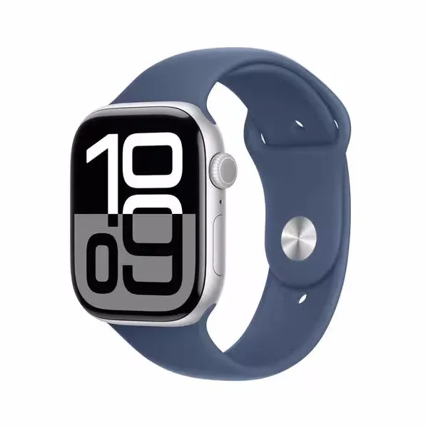 Apple Watch Series 10 GPS + Cellular, 46mm, Silver Aluminium / Denim Sport Band S/M – silber