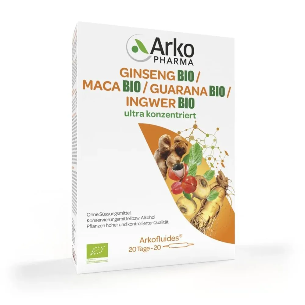 ARKOFLUIDE Ginseng-Maca-Guarana-Ingwer Bio Trinkampullen (20 Stk)