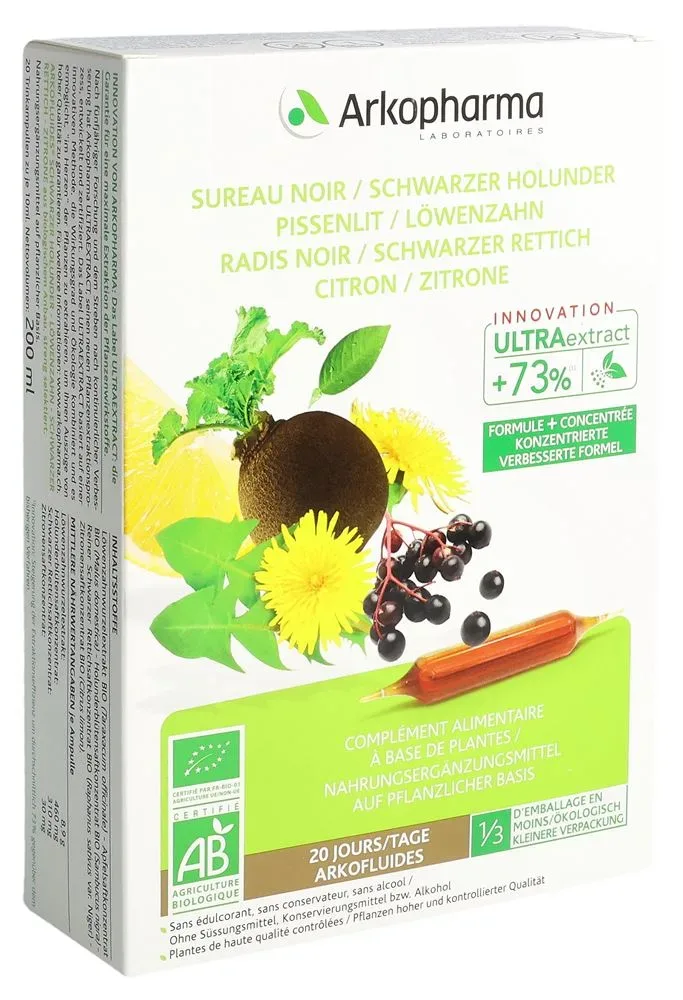 ARKOFLUIDE Holunder-Rettich-Löwenzahn-Zitrone Bio Trinkampullen (20 Stk)