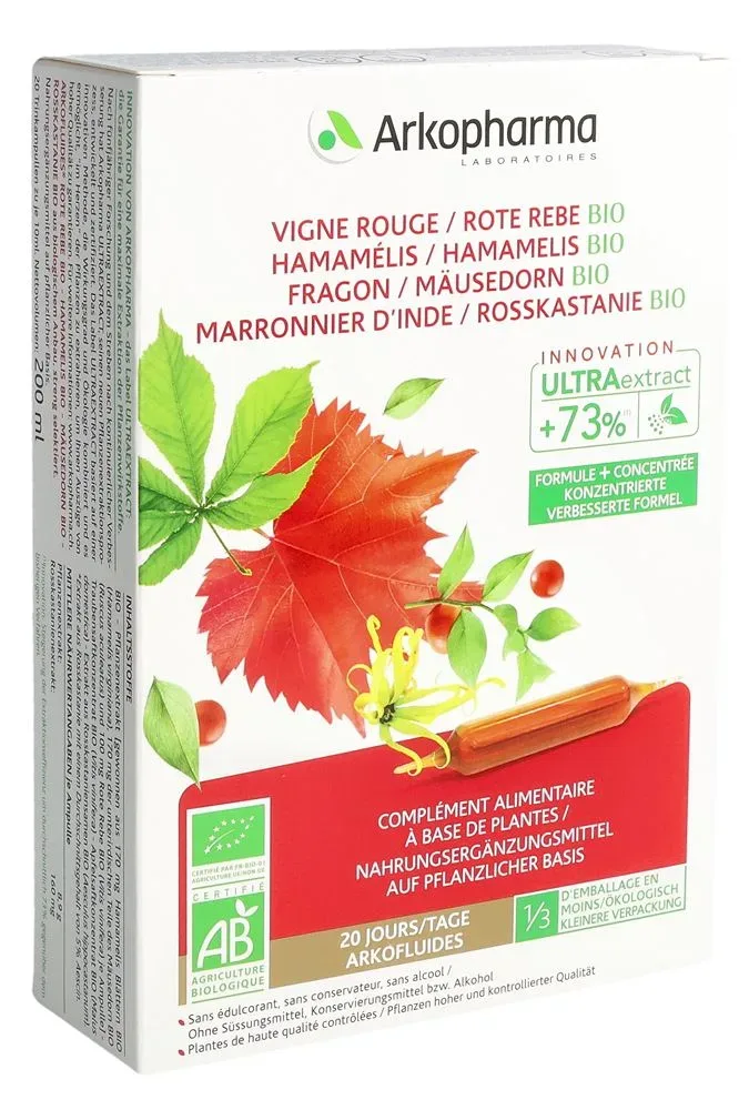 ARKOFLUIDE Rote Rebe-Hamamelis-Mäusedorn-Rosskastanie Bio Trinkampullen (20 Stk)