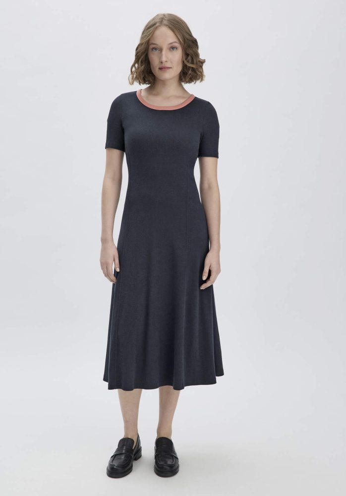 hessnatur Damen Rib Jersey Kleid Midi Slim aus Bio-Baumwolle - blau Grösse34