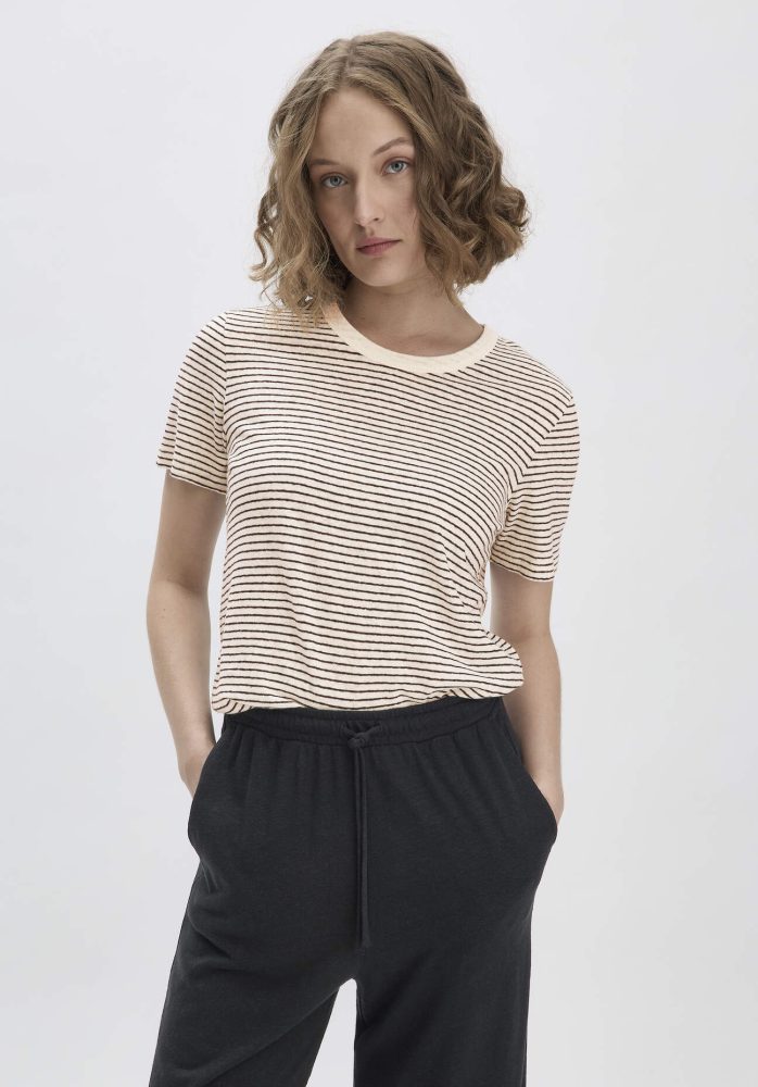 hessnatur Damen Streifen T-Shirt Relaxed aus Leinen mit reiner Bio-Baumwolle - weiß Grösse46