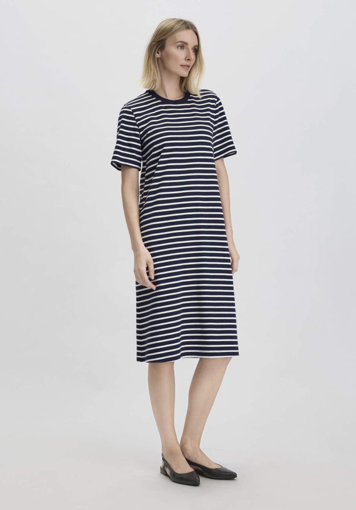 hessnatur Damen Streifen Heavy Jersey Slub Kleid Knielang Relaxed aus Bio-Baumwolle - blau Grösse36